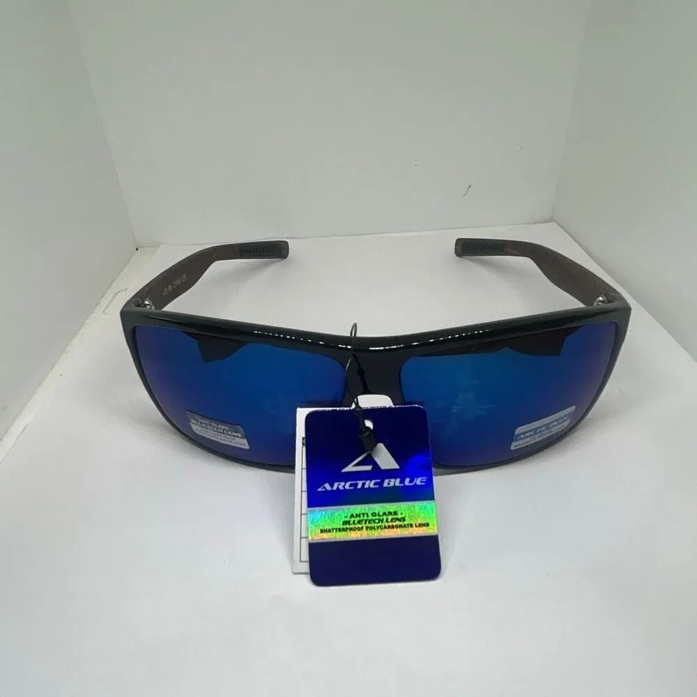 Arctic Blue Shield Wrap Sunglasses – Mirrored Blue Lens UV Protection Wood Print